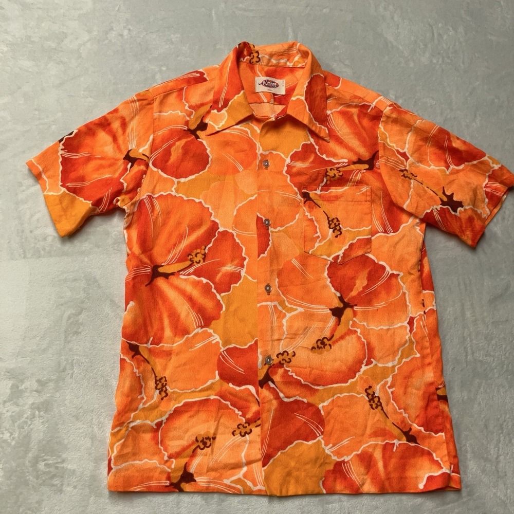 True Vintage 60s 70s Pomare Hawaiian Shirt Barkcloth Orange Hibiscus Aloha Men S